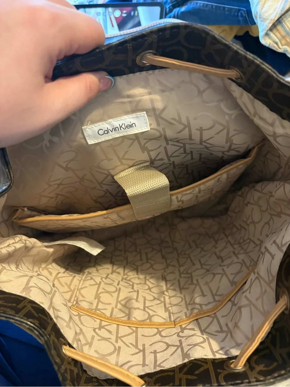 Calvin Klein Monogram Backpack Brown/Tan Faux Leather Laptop Travel Bag